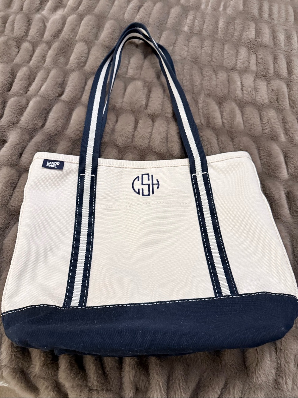 Lands' End Cream & Navy Canvas Tote Bag - Personalized Monogram CHS initials
